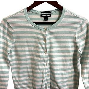 Lands End Womens Mint White Striped Cardigan Sweater 100% Cotton Crew Neck Small